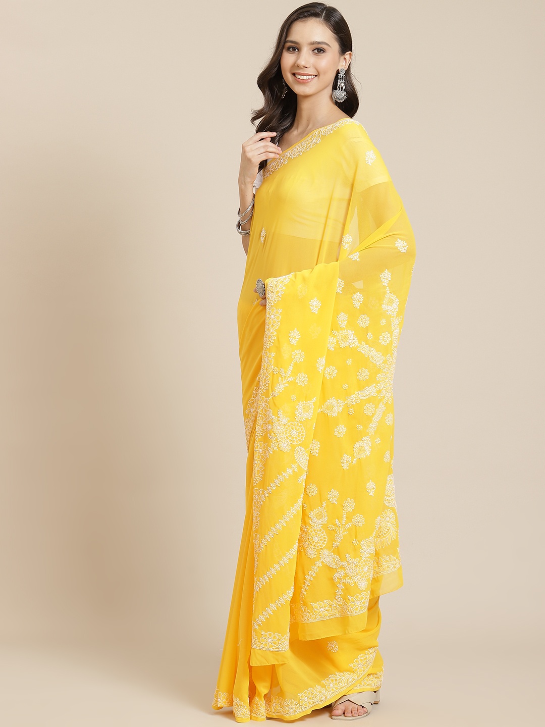 

ADA Yellow & Off White Chikankari Embroidered Handloom Saree