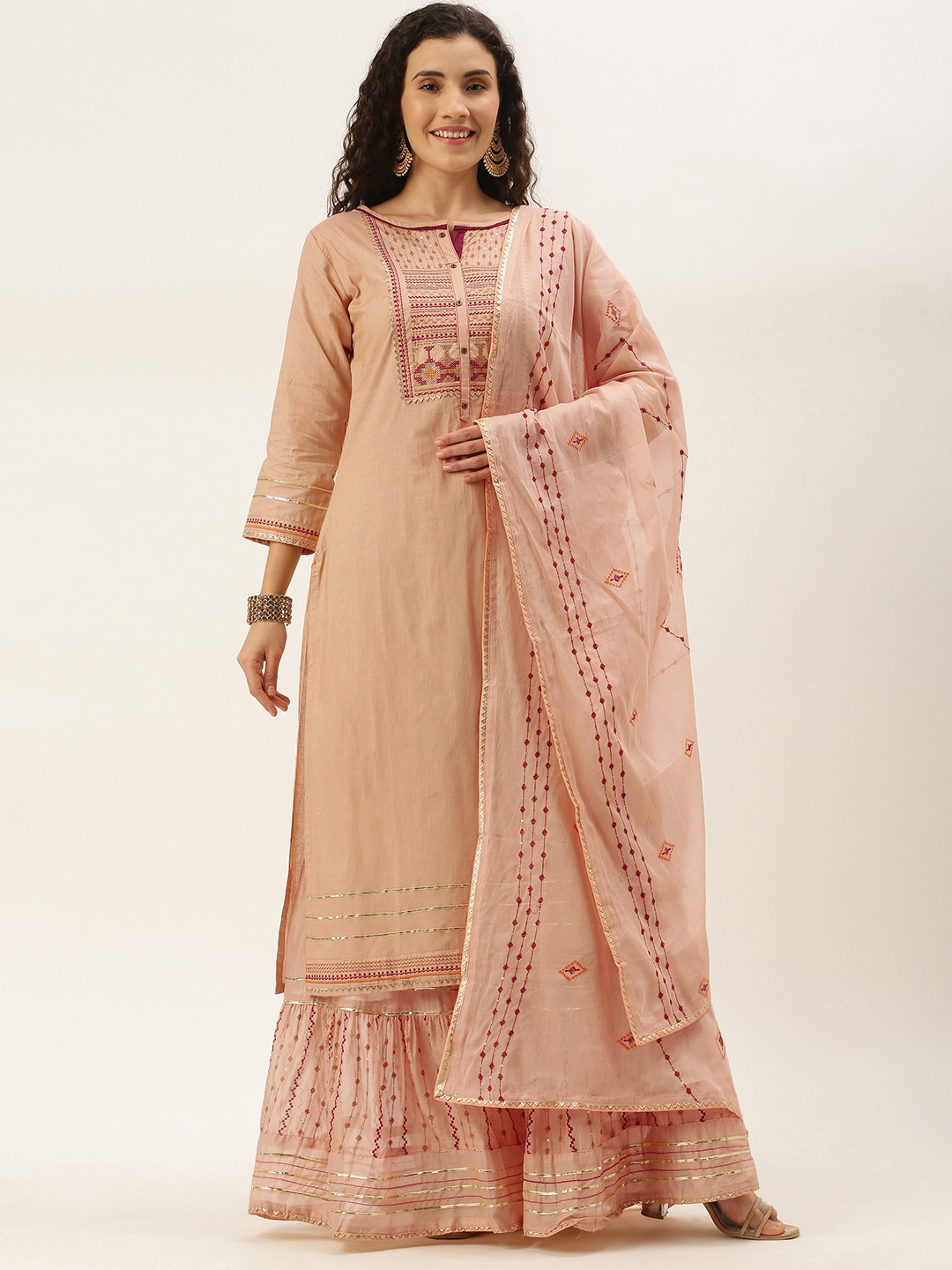 

SheWill Women Peach-Coloured Embroidered Gotta Patti Kurta with Sharara & Dupatta