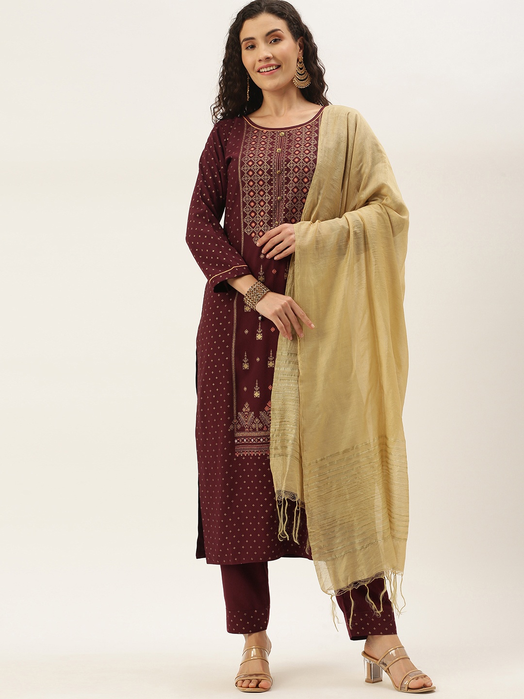 

SheWill Women Burgundy & Golden Foil Printed Kurta with Trousers & Dupatta
