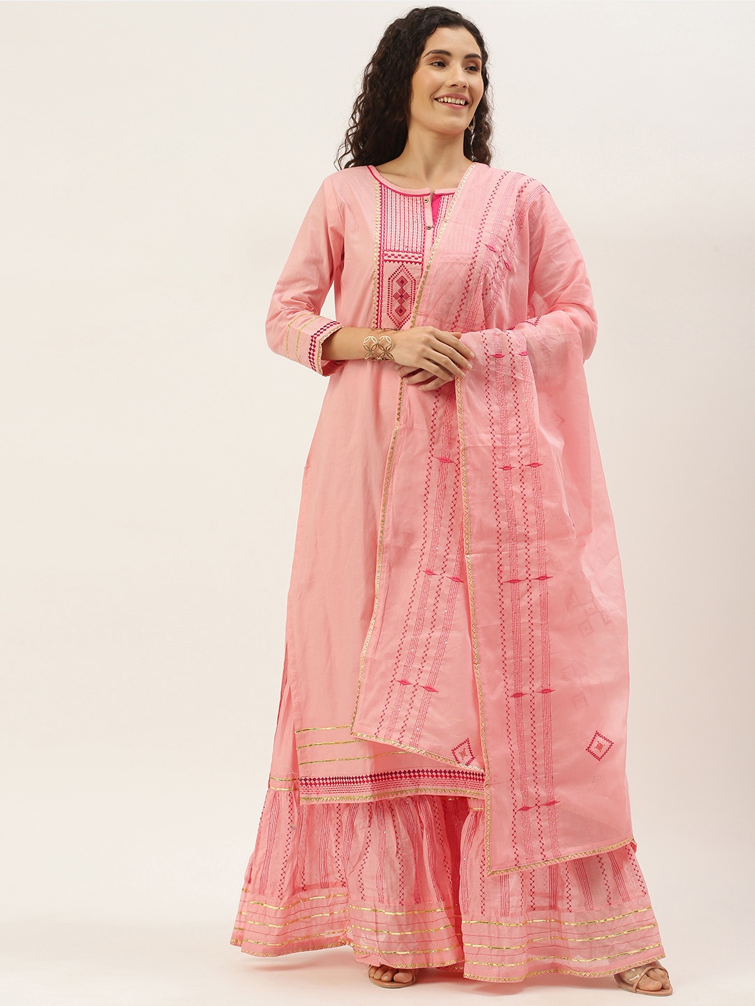 

SheWill Women Pink Embroidered Gotta Patti Kurta with Sharara & Dupatta