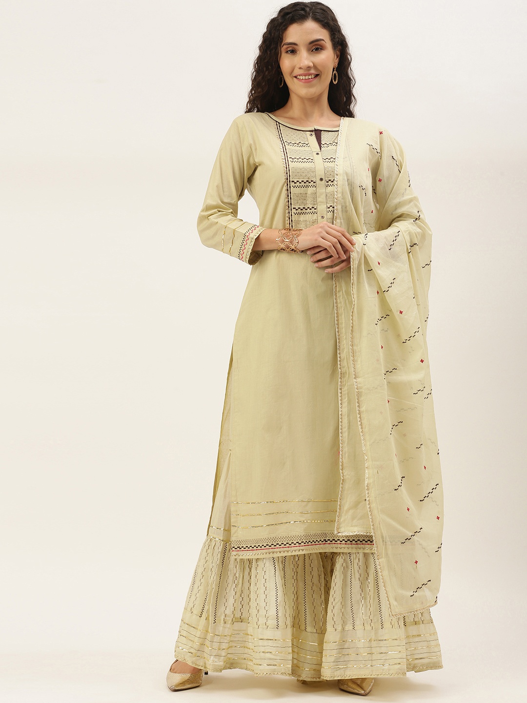 

SheWill Women Cream-Coloured Embroidered Gotta Patti Kurta with Sharara & Dupatta