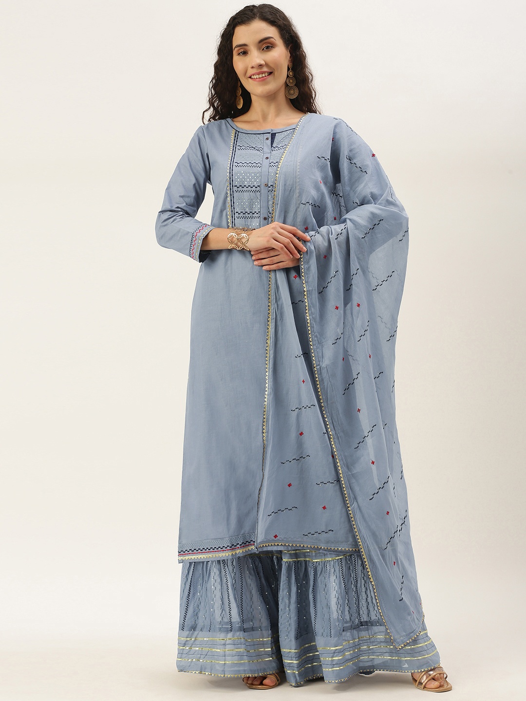 

SheWill Women Grey Embroidered Gotta Patti Kurta with Sharara & Dupatta