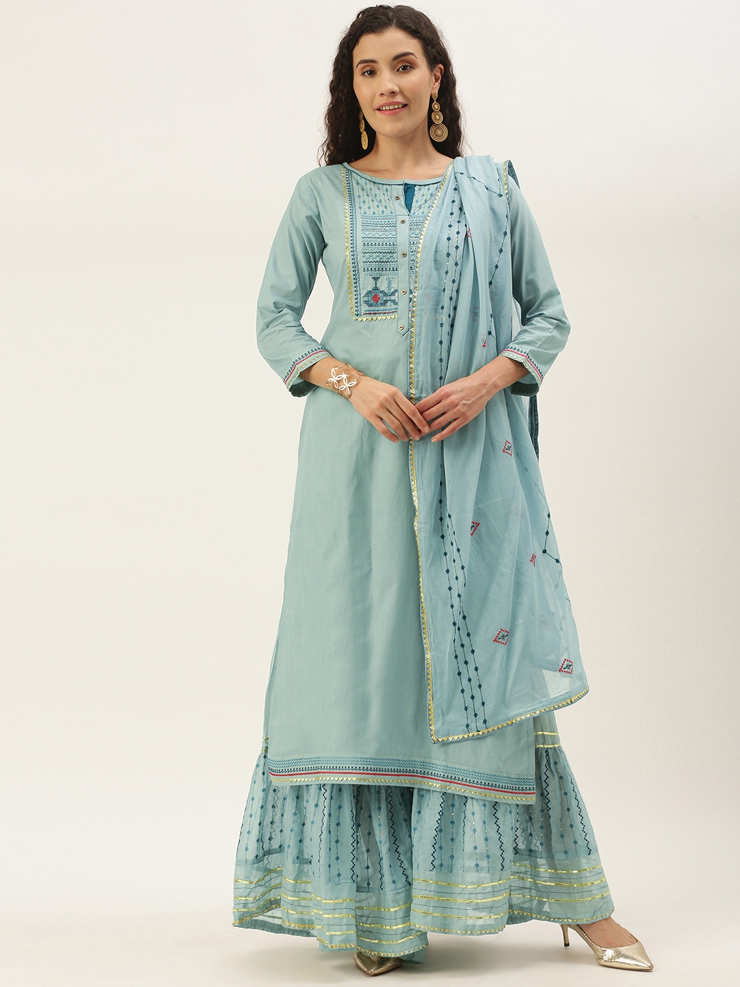 

SheWill Women Blue Embroidered Gotta Patti Kurta with Sharara & Dupatta