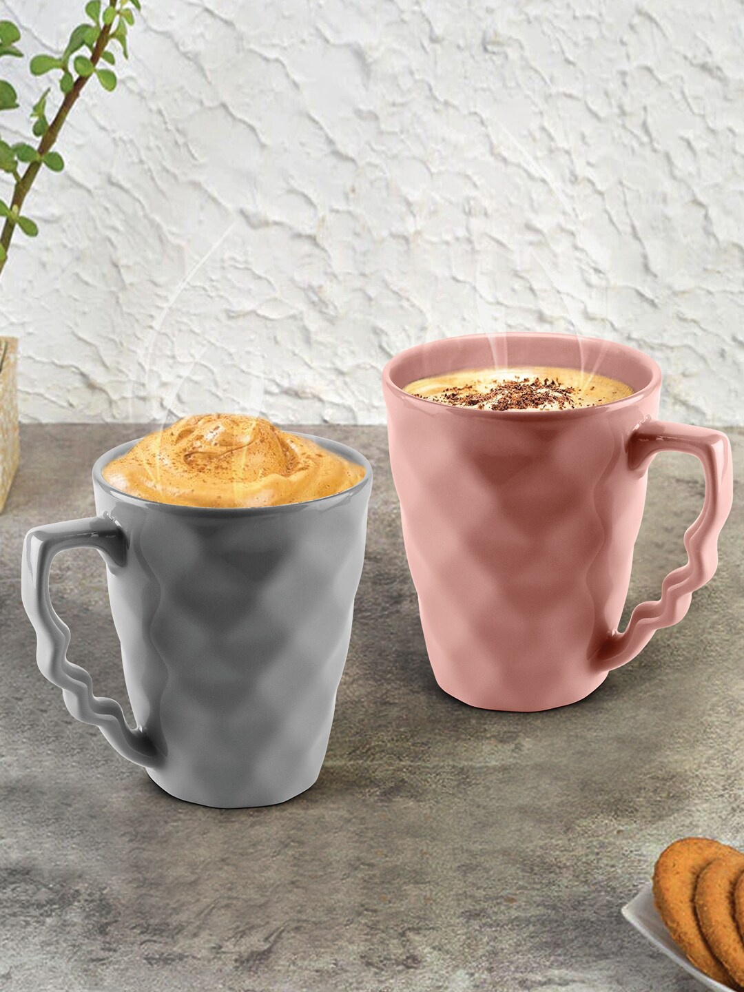 

URBAN CHEF Peach-Coloured & Grey Handcrafted 2-Pieces Textured Ceramic Glossy Mugs Set