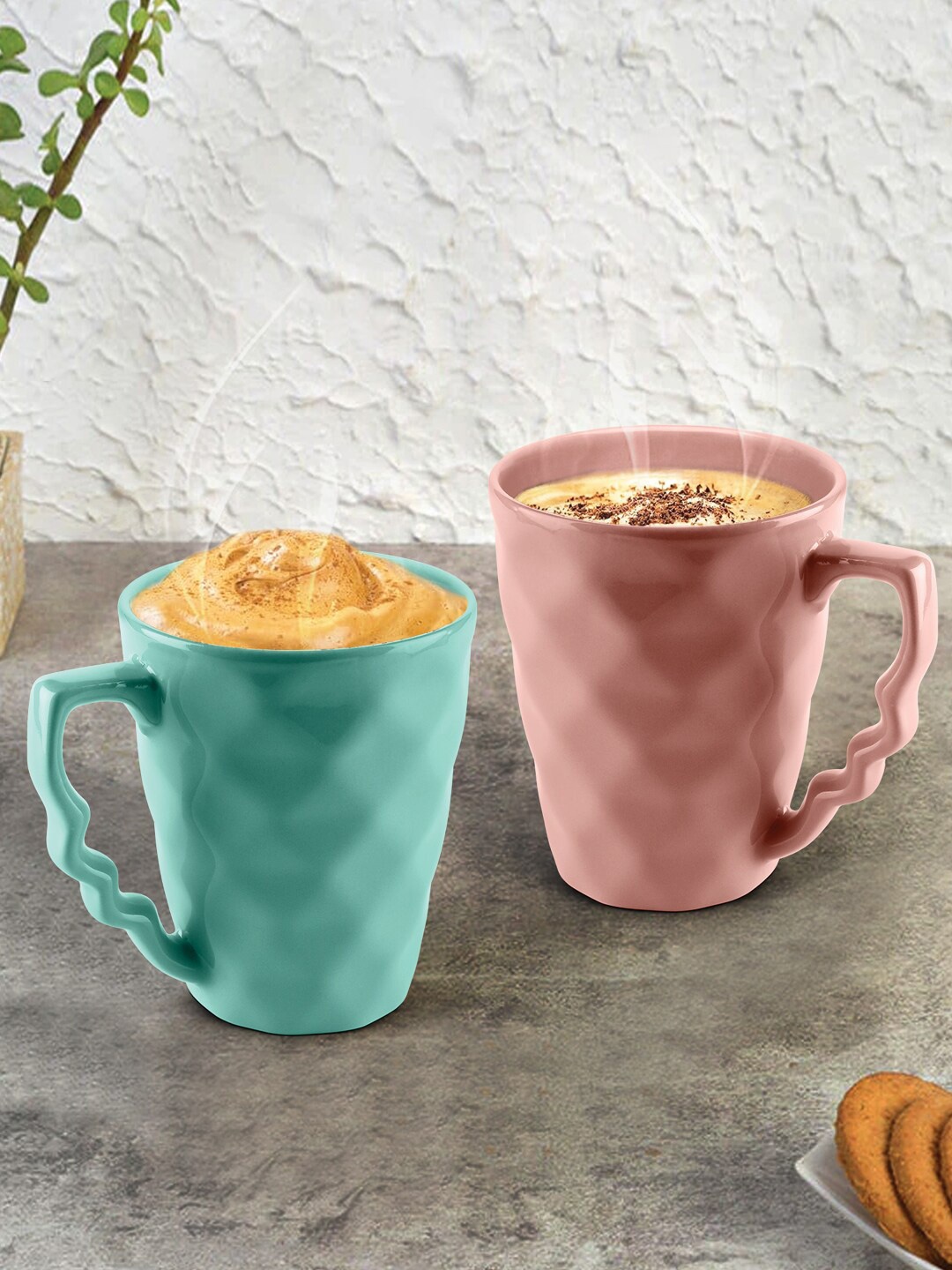 

URBAN CHEF Set Of 2 Peach-Coloured & Sea Green Handcrafted Textured Ceramic Glossy Mugs