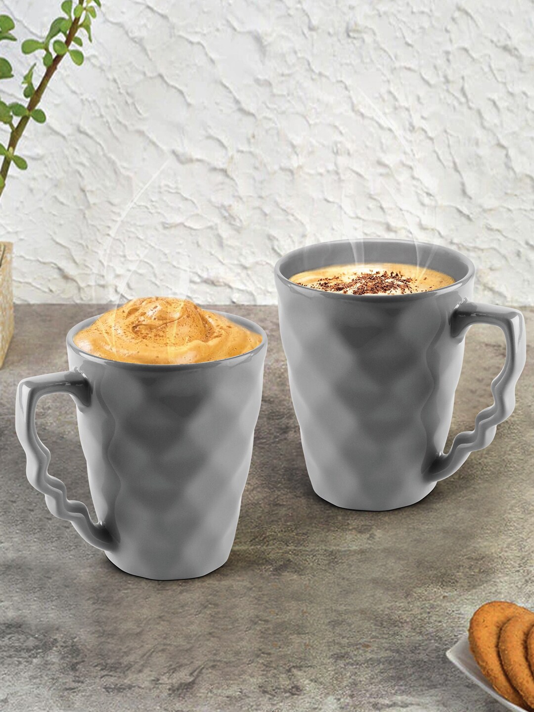 

URBAN CHEF Set Of 2 Grey Handcrafted Textured Ceramic Glossy Mugs