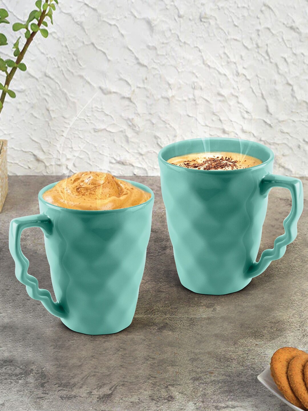 

URBAN CHEF Set Of 2 Sea Green Handcrafted Textured Ceramic Matte Mugs