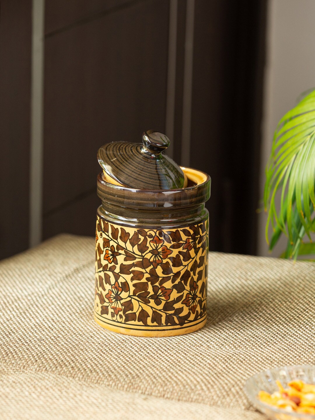 

ExclusiveLane Mughal Floral Hand-painted Ceramic Kitchen Storage Jar & Container-800ml, Brown