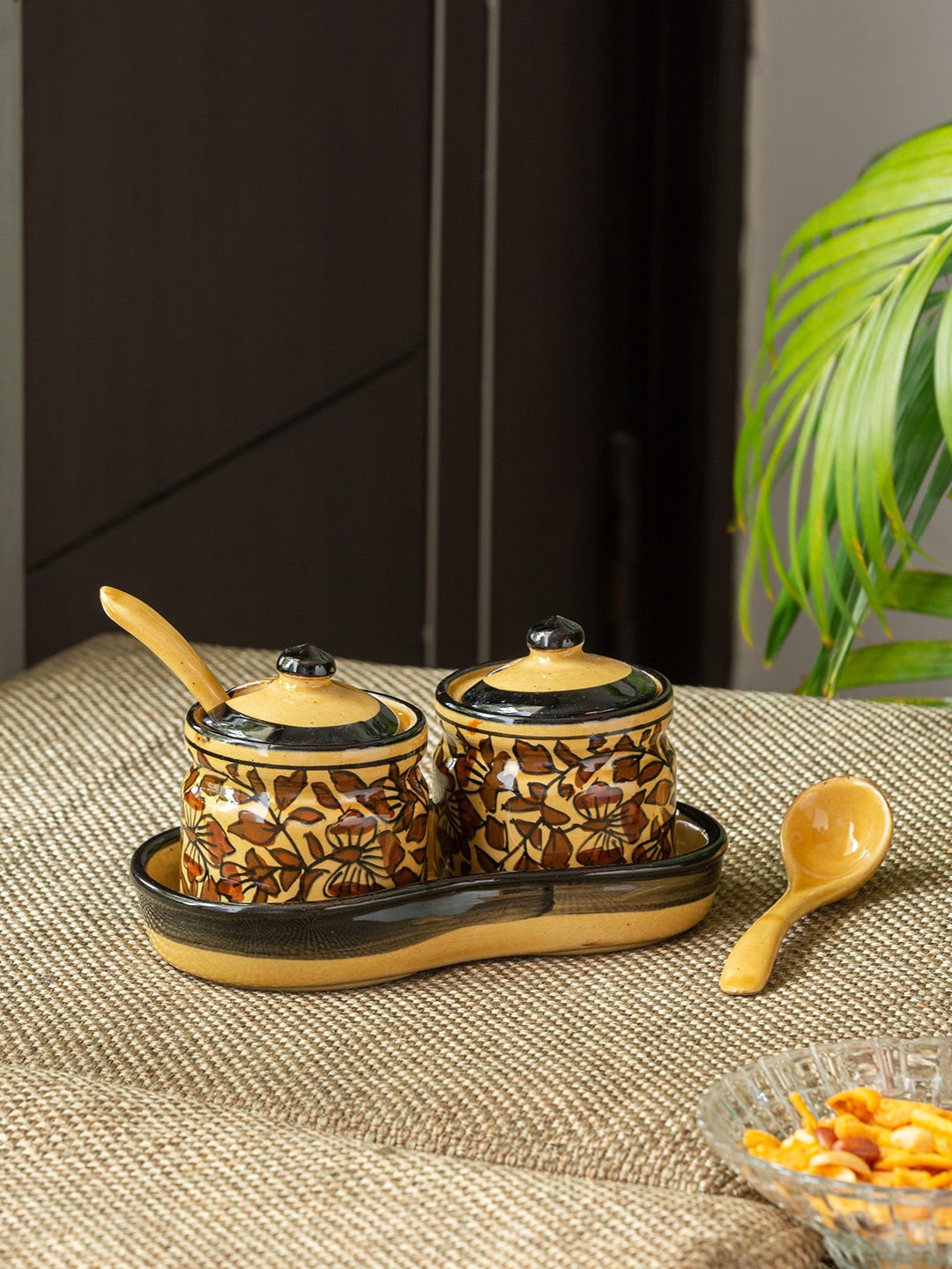 

ExclusiveLane Set Of 2 Mughal Floral Ceramic Chutney Pickle Jar Set, Beige
