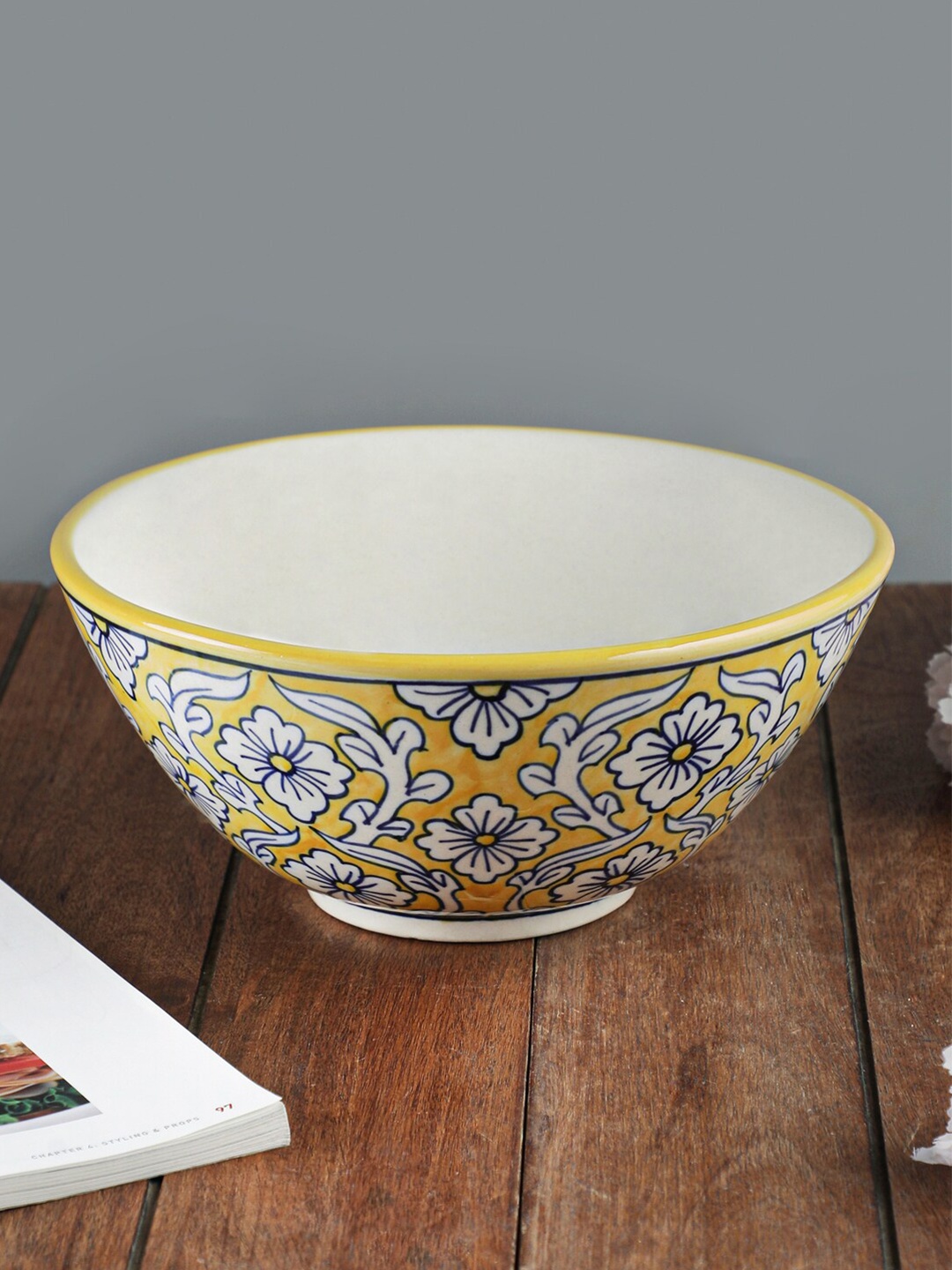 

VarEesha Yellow & White Handcrafted & Hand Painted Ceramic Large Serving Bowl