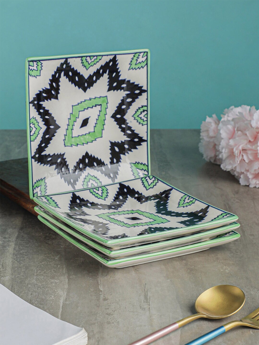 

VarEesha White & Green 4 Pieces Handcrafted & Hand Painted Printed Ceramic Glossy Plates