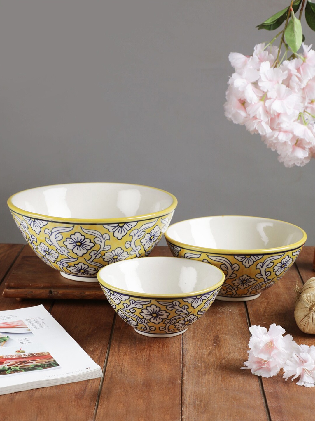 

VarEesha Yellow & White 3 Pieces Handcrafted & Hand Painted Printed Ceramic Glossy Bowls