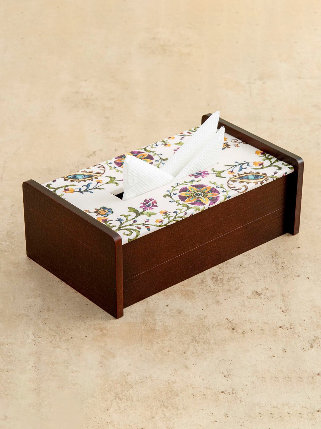 

Home Centre Brown & White Alora-Fiore Printed Wooden Tissue Box