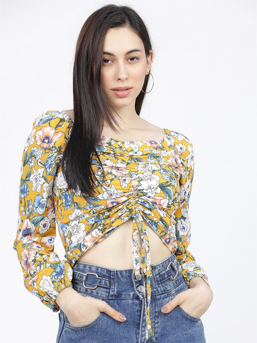 

Tokyo Talkies Mustard Yellow Floral Printed Regular Crop Top