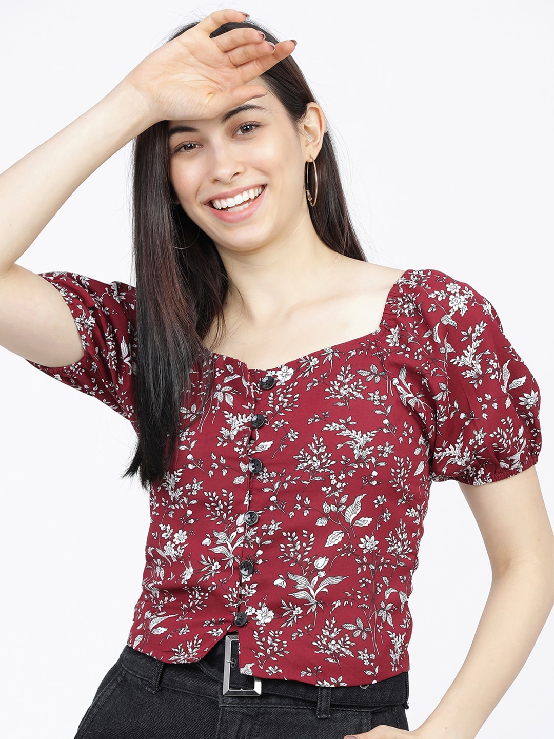 

Tokyo Talkies Women Burgundy Floral Puff Sleeve Georgette Regular Top