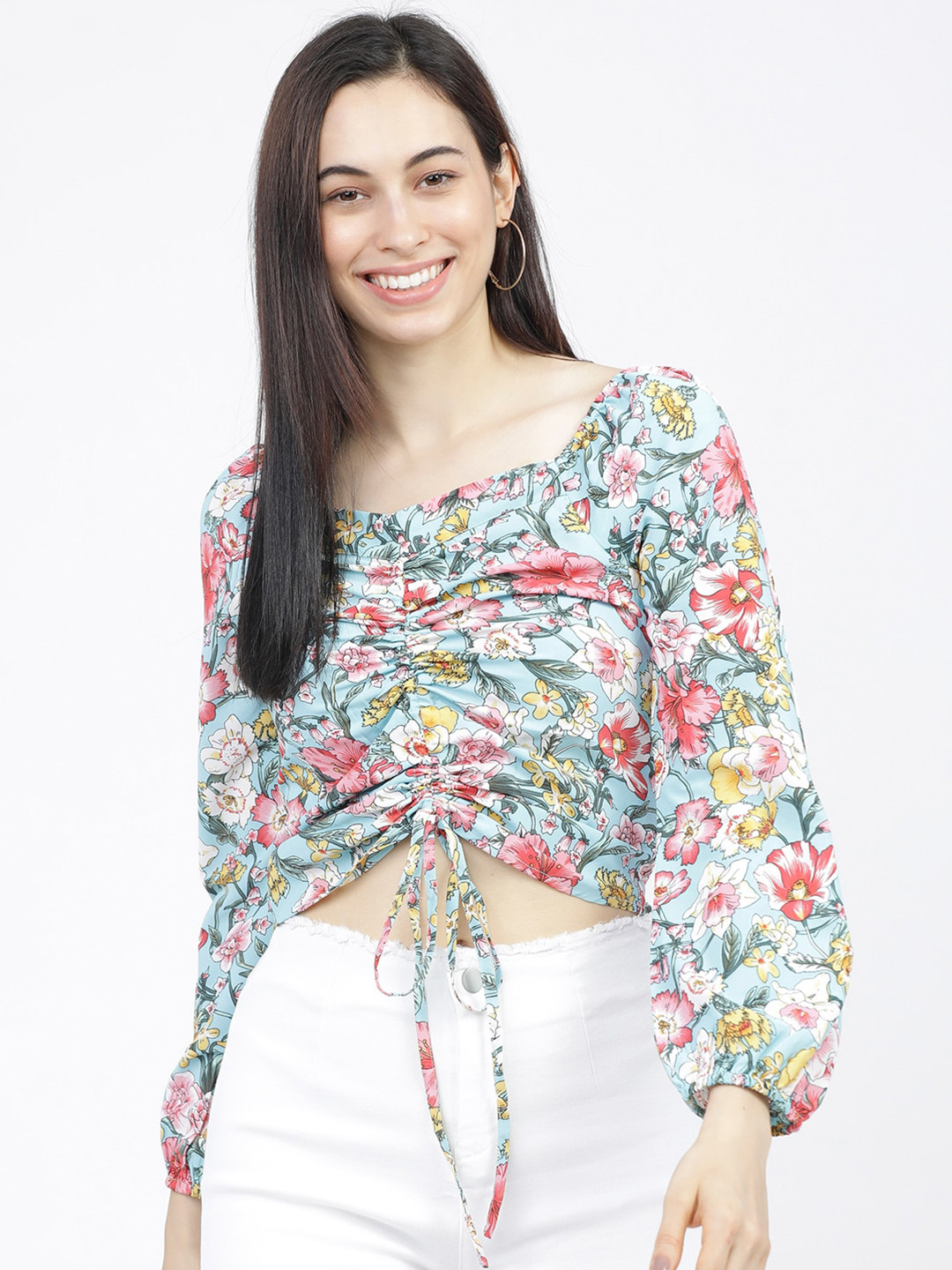 

Tokyo Talkies Women Blue Floral Smocked Regular Crop Top