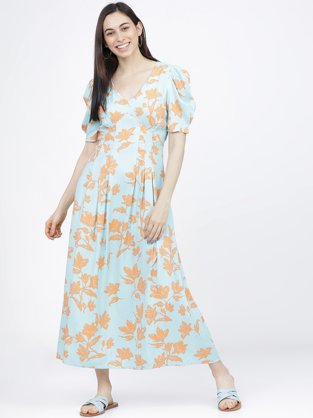 

Tokyo Talkies Women Blue & Orange Floral Maxi Dress