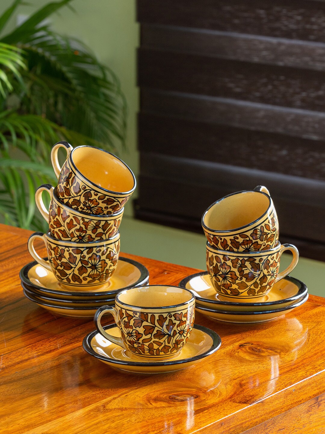 

ExclusiveLane Brown & Yellow 12-Pieces Hand Painted Ceramic Cups and Saucers Set