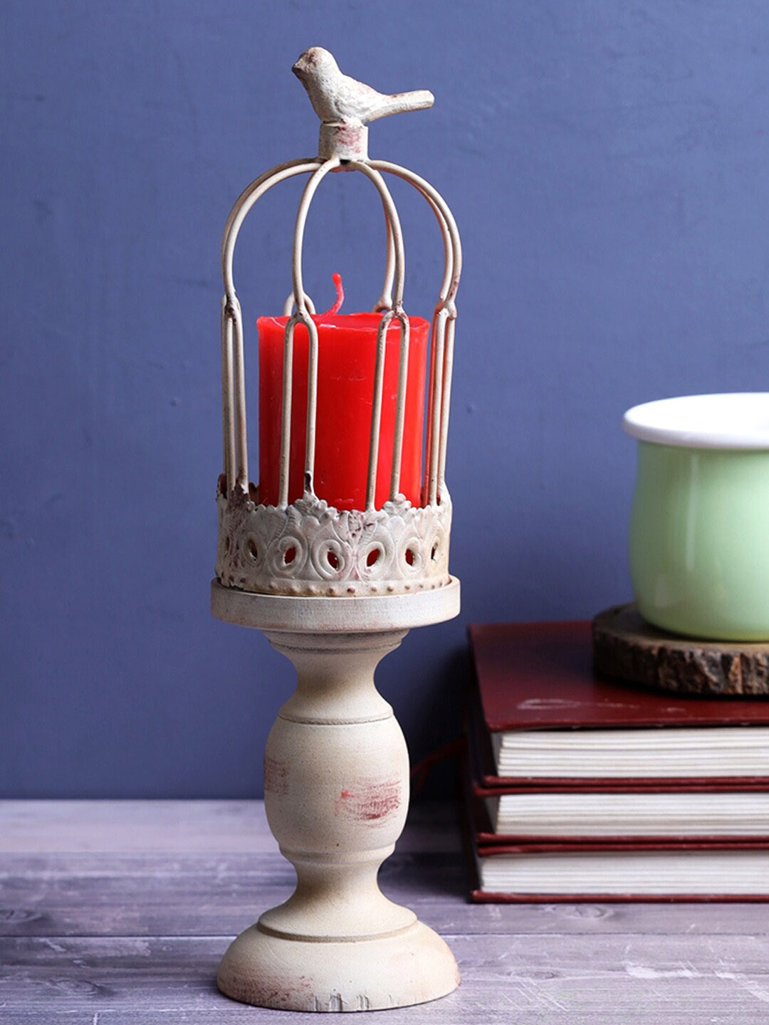 

A Vintage Affair- Home Decor Off White Antique Iron Bird Cage Candle Stand