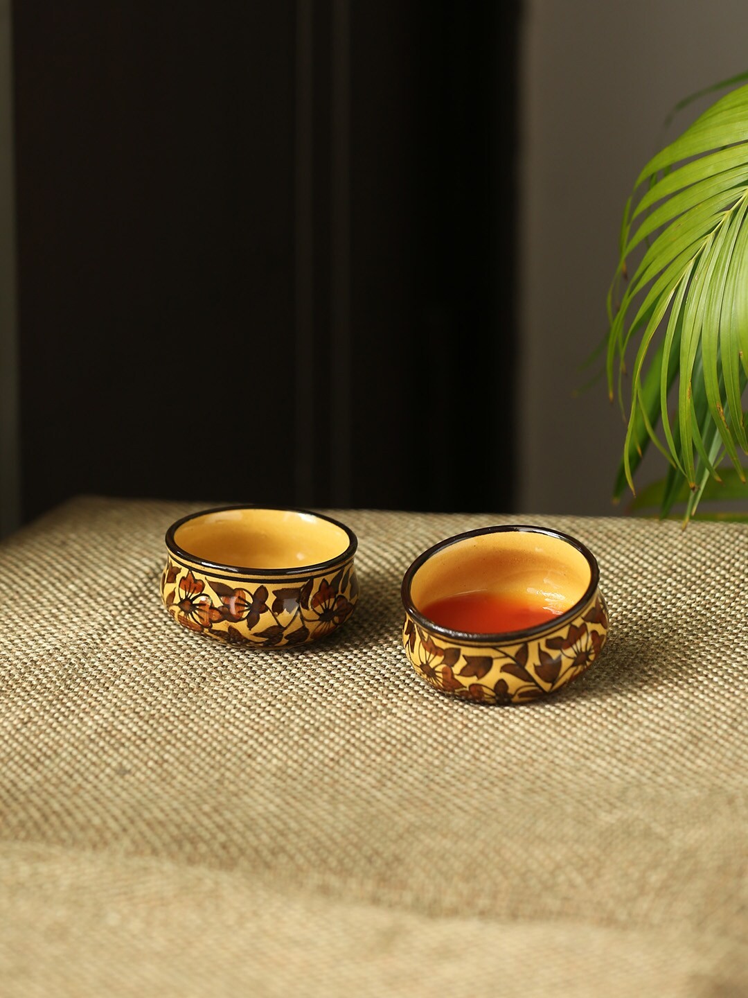 

ExclusiveLane Set of 2 Mughal Floral Brown & Yellow Hand-Painted Ceramic Dip Bowls