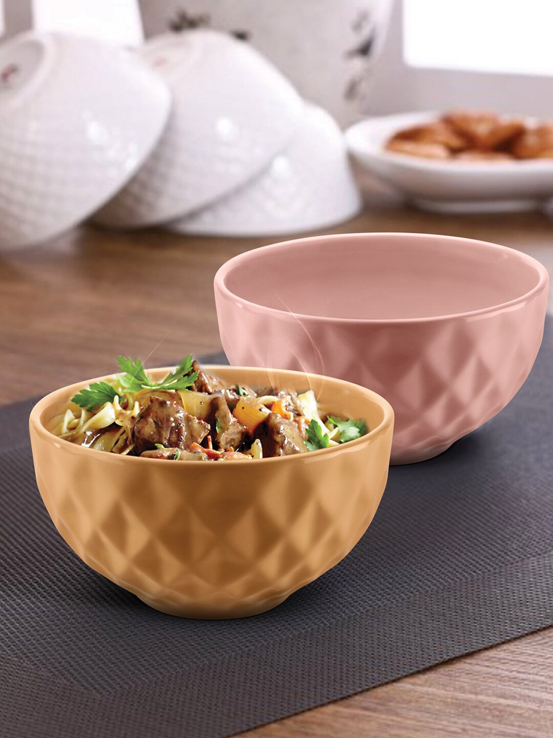 

URBAN CHEF Set Of 2 Peach-Coloured & Mustard Yellow Prism Handcrafted Ceramic Bowls