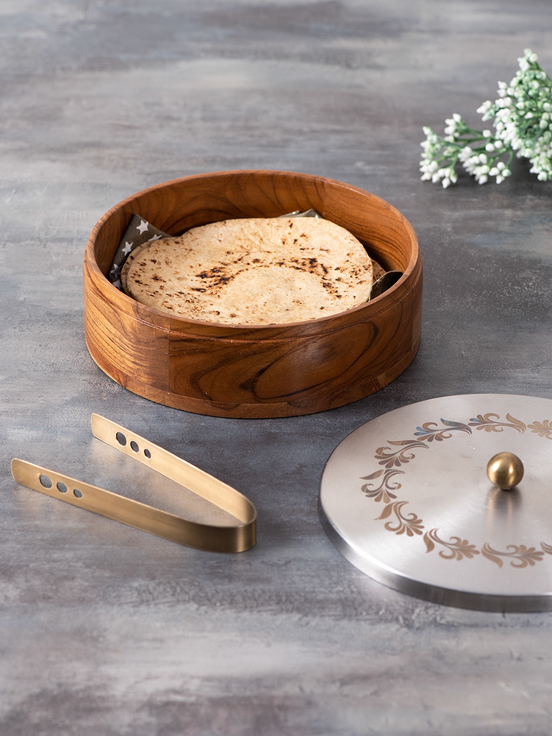 

nestroots Brown & Silver-Toned Solid Wooden Chapatti Box With Tongs