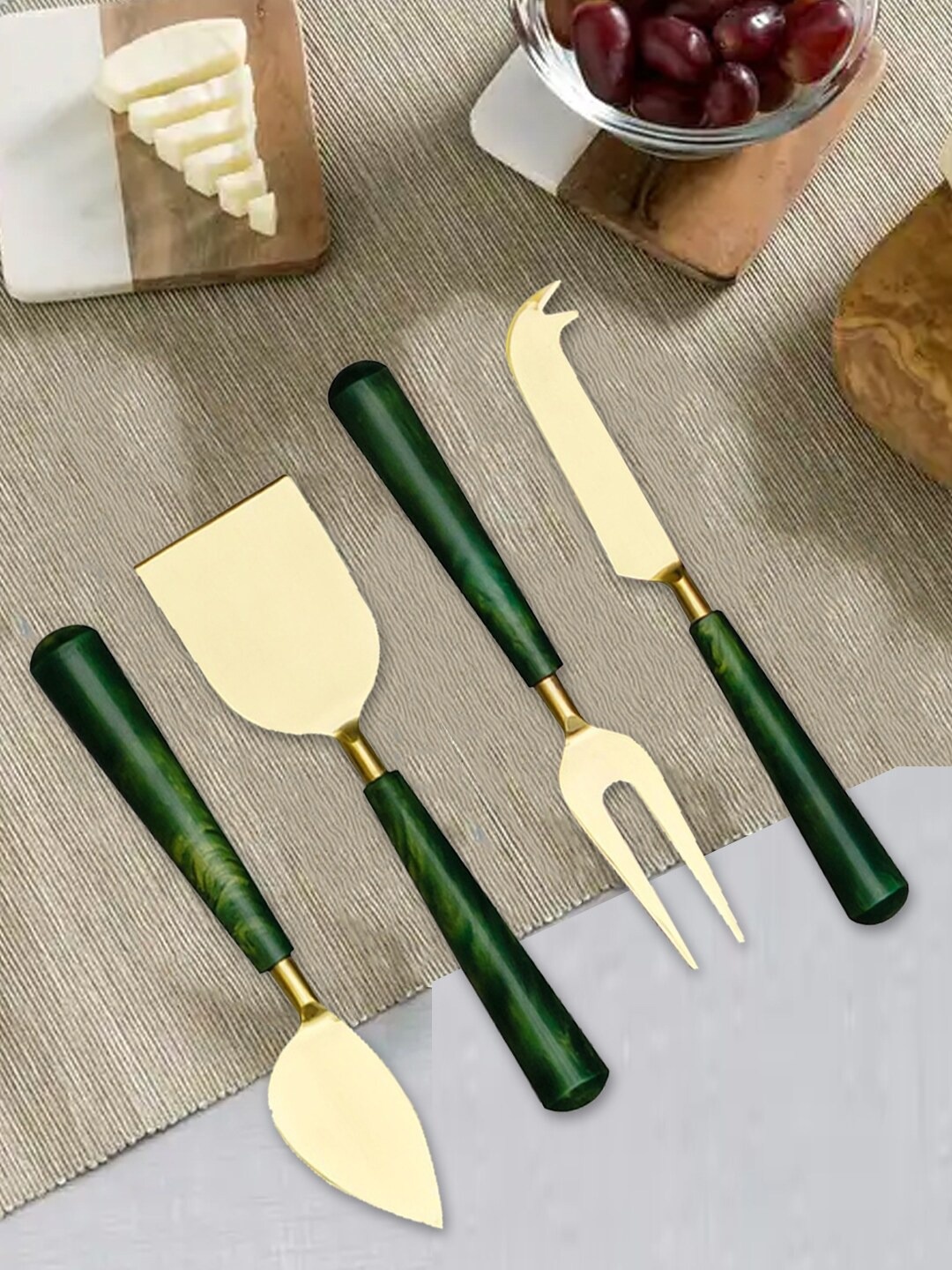 

nestroots Gold-Tones & Green 4-Pieces Resin Wood Handle Chesse Knife