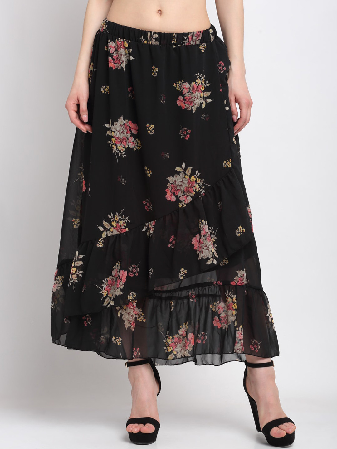 

KLOTTHE Women Black & Pink Floral Printed Flared Maxi Skirt