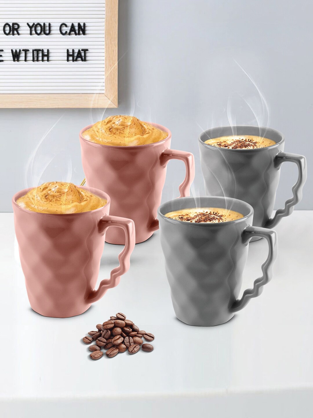 

URBAN CHEF Peach-Coloured & Grey 4 Pieces Handcrafted Textured Ceramic Glossy Mugs