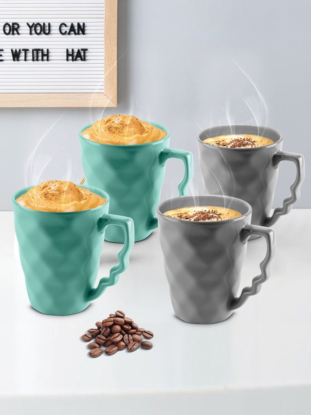 

URBAN CHEF 4 Pieces Grey & Sea Green Textured Ceramic Matte Mugs