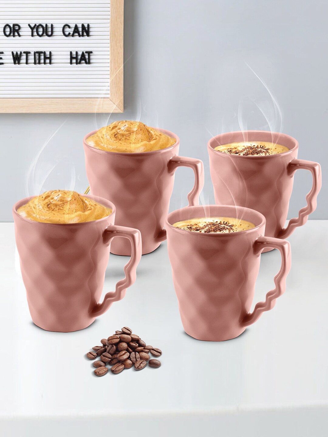 

URBAN CHEF 4 Pieces Peach-Coloured Textured Ceramic Matte Mugs