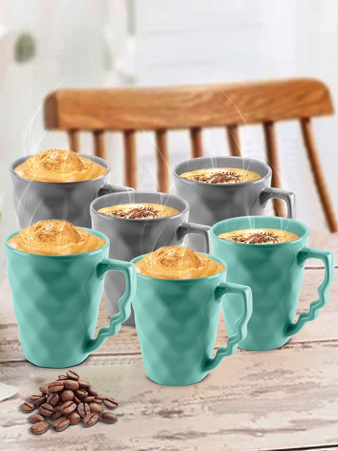 

URBAN CHEF Set Of 6 Grey & Sea Green Textured Ceramic Matte Mugs