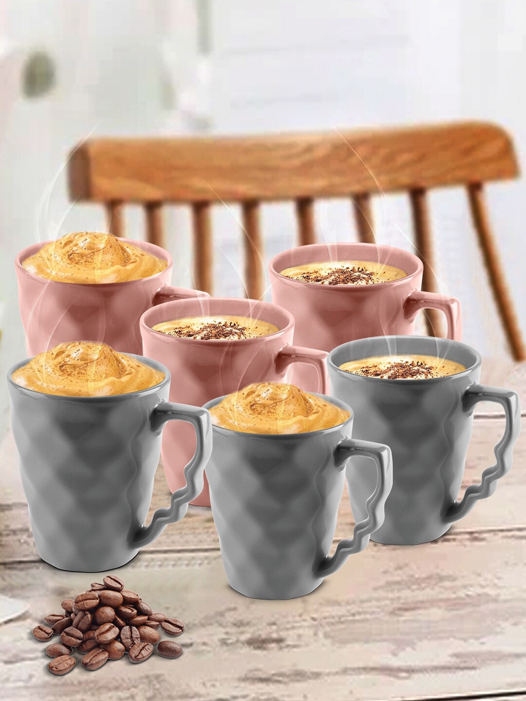 

URBAN CHEF Peach-Coloured & Grey Textured 6-Pieces Ceramic Glossy Mugs Set