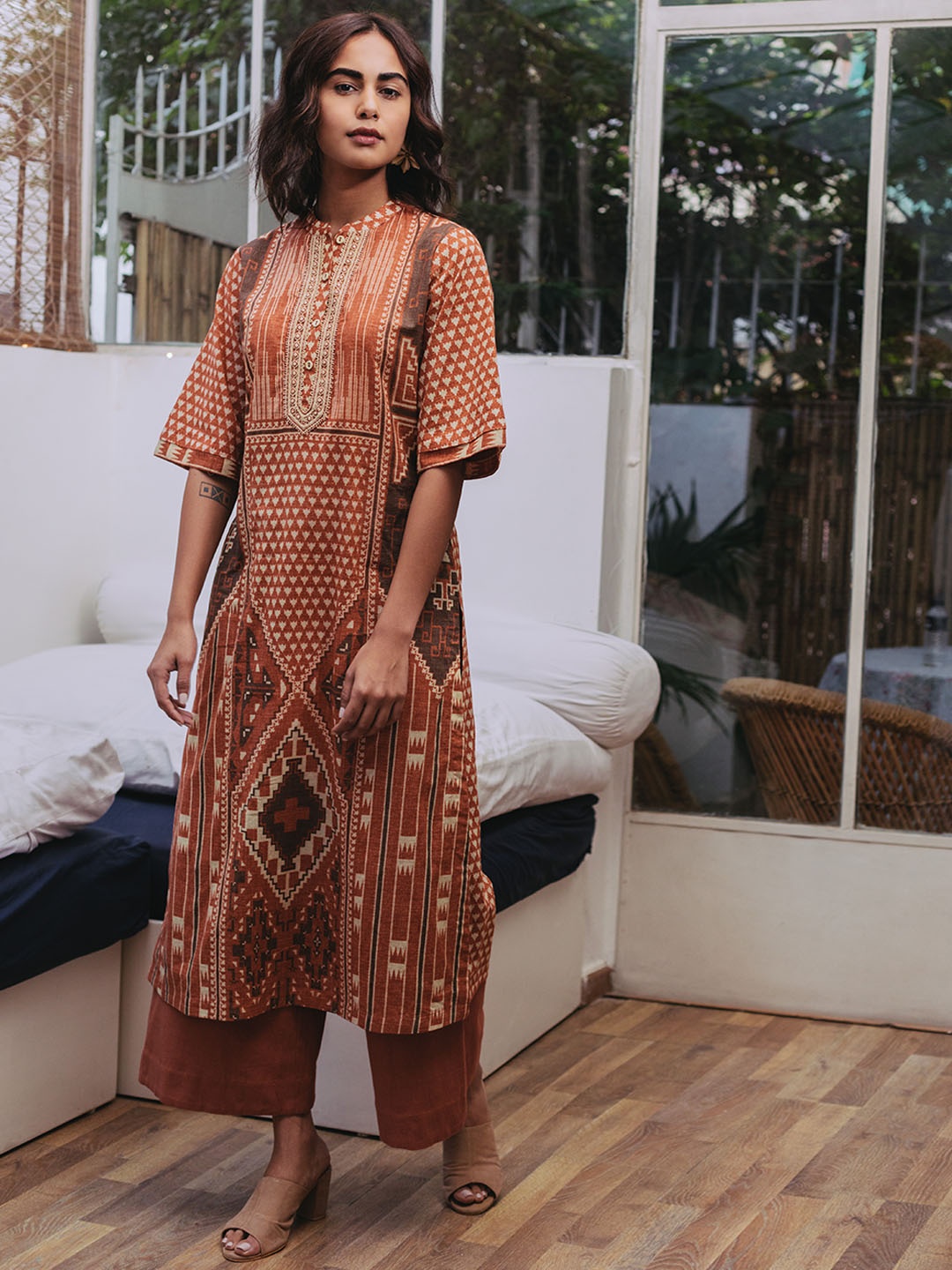 

aarke Ritu Kumar Women Rust Brown & Beige Ethnic Print Regular Cotton Kurta with Palazzos