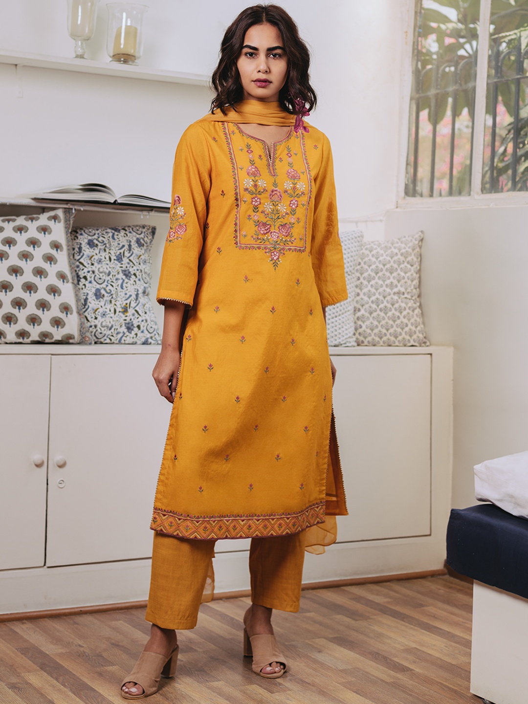 

aarke Ritu Kumar Women Mustard Yellow Ethnic Motifs Embroidered Regular Gotta Patti Kurta with Palazzos &