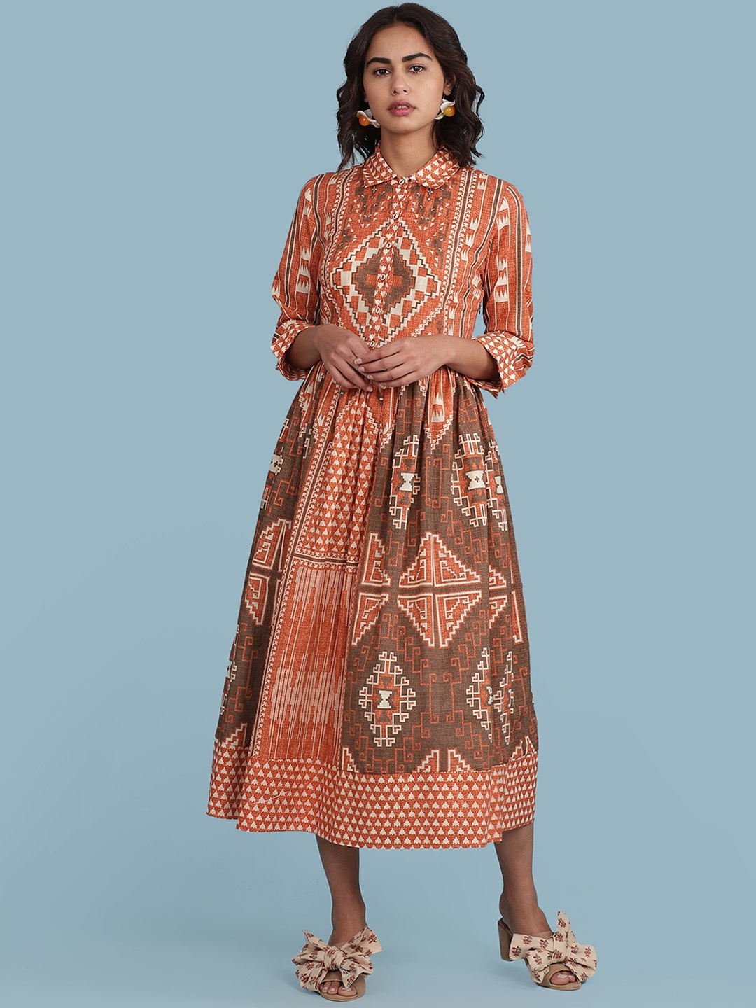 

aarke Ritu Kumar Rust Orange & Brown Ethnic Motifs Print A-Line Gathered Cotton Midi Dress