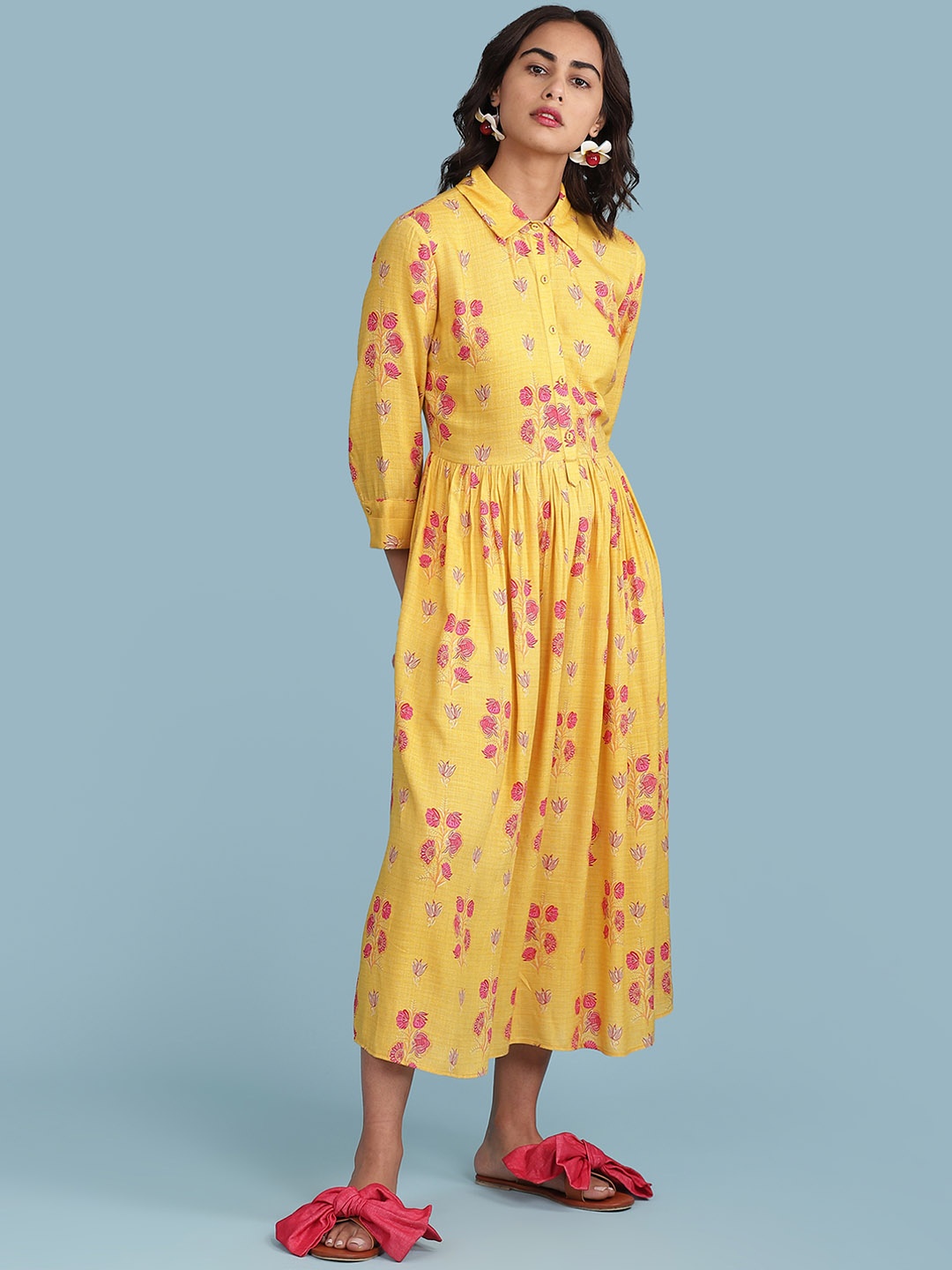 

aarke Ritu Kumar Yellow & Pink Ethnic Motifs Smocked Gathered A-Line Dress