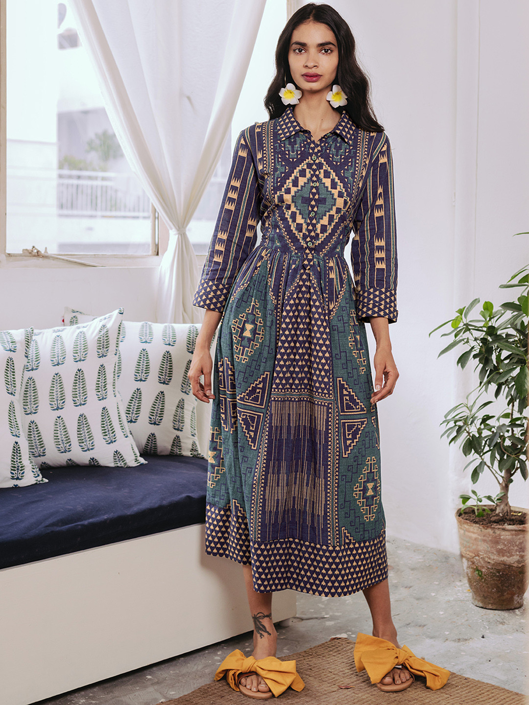 

aarke Ritu Kumar Navy Blue & Beige Ethnic Motifs Gathered A-Line Midi Dress