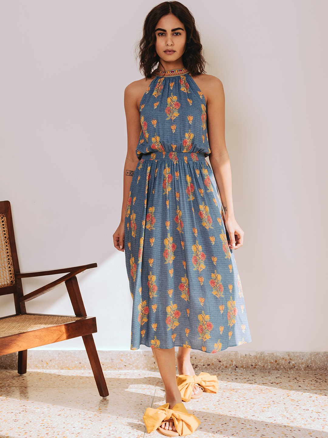 

aarke Ritu Kumar Blue & Orange Ethnic Motifs Smocked Gathered A-Line Midi Dress