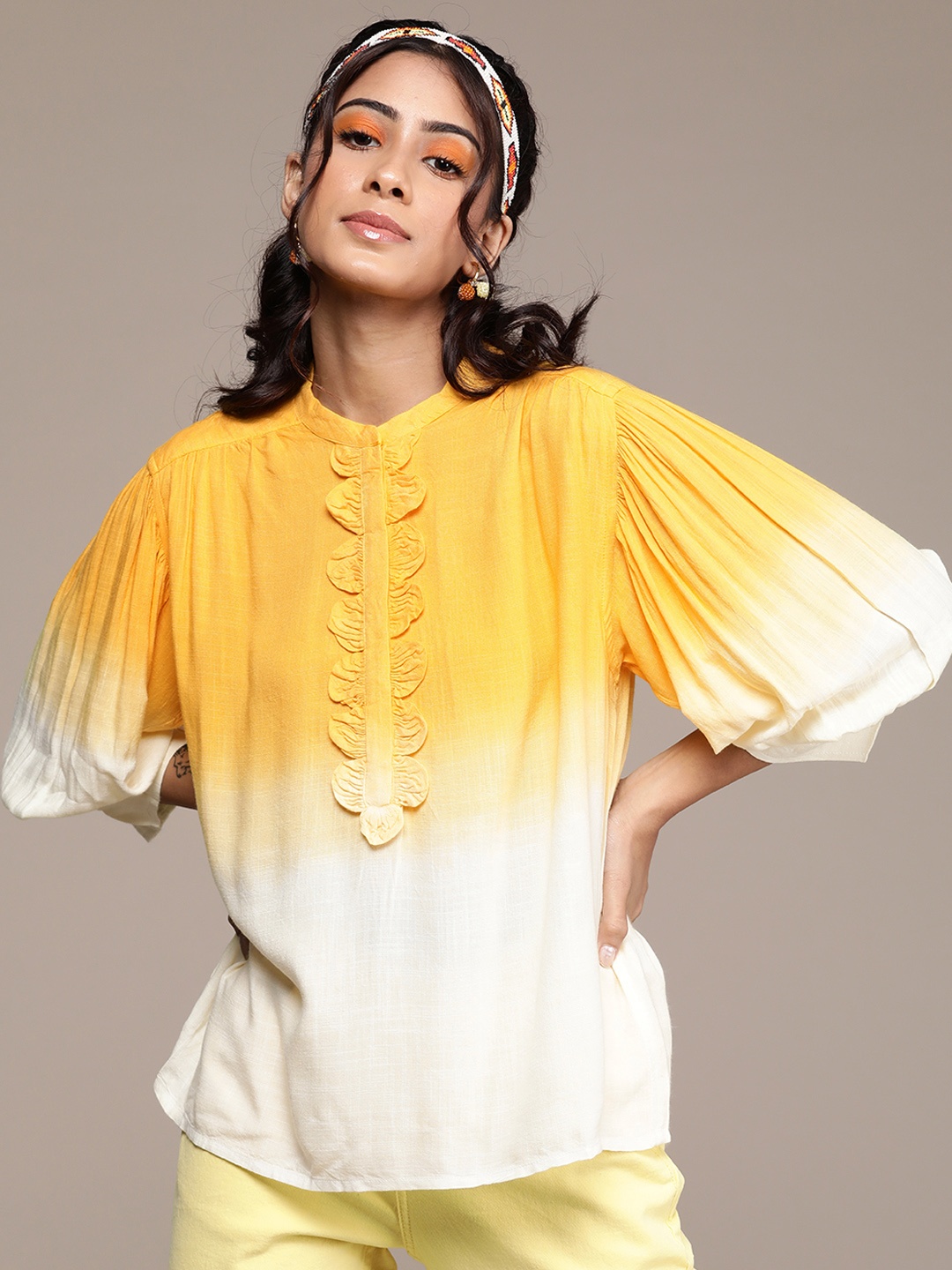 

Label Ritu Kumar Yellow & White Ombre Cotton Regular Top