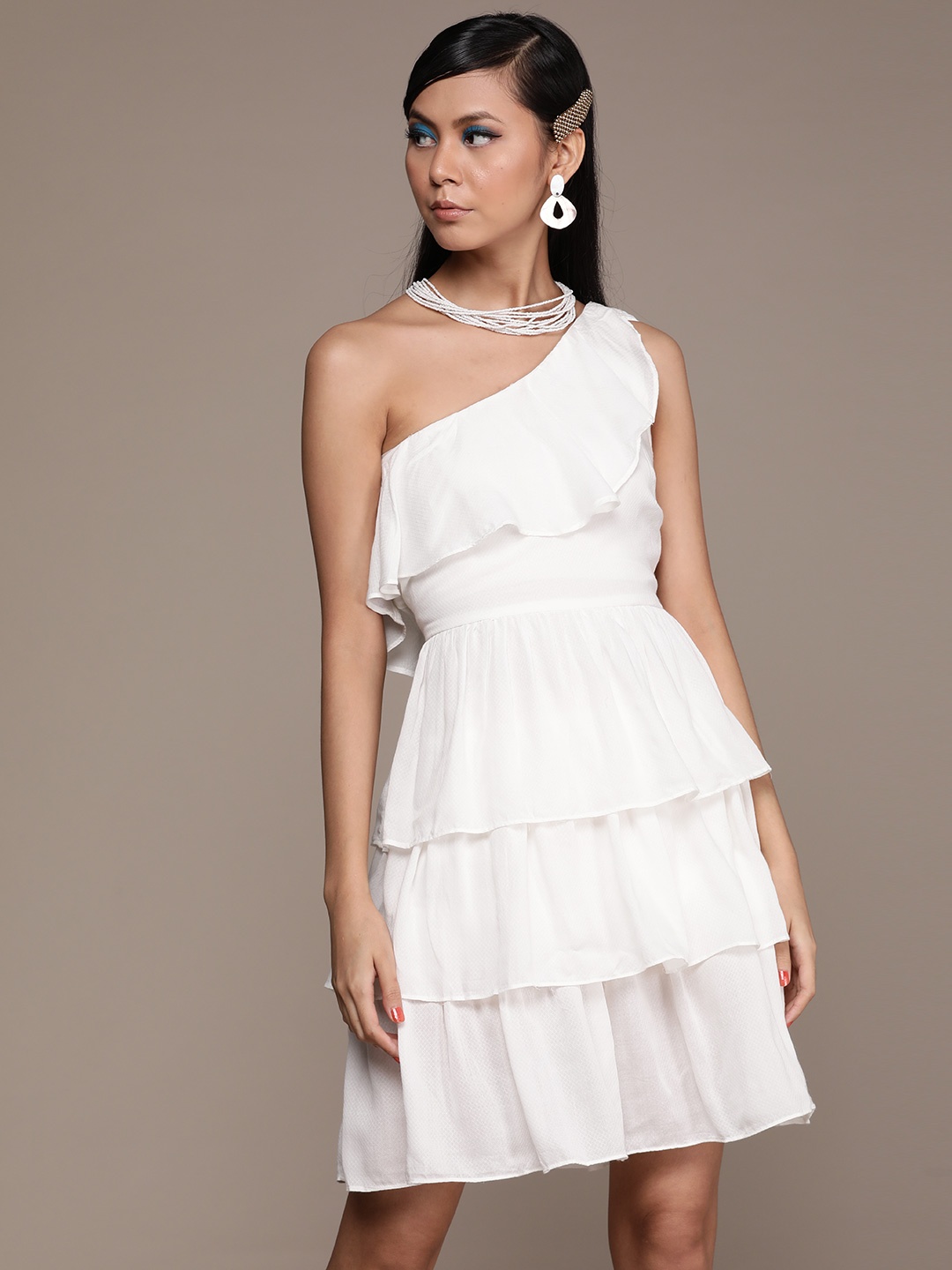 

Label Ritu Kumar White Geometric Self Design One Shoulder A-Line Dress