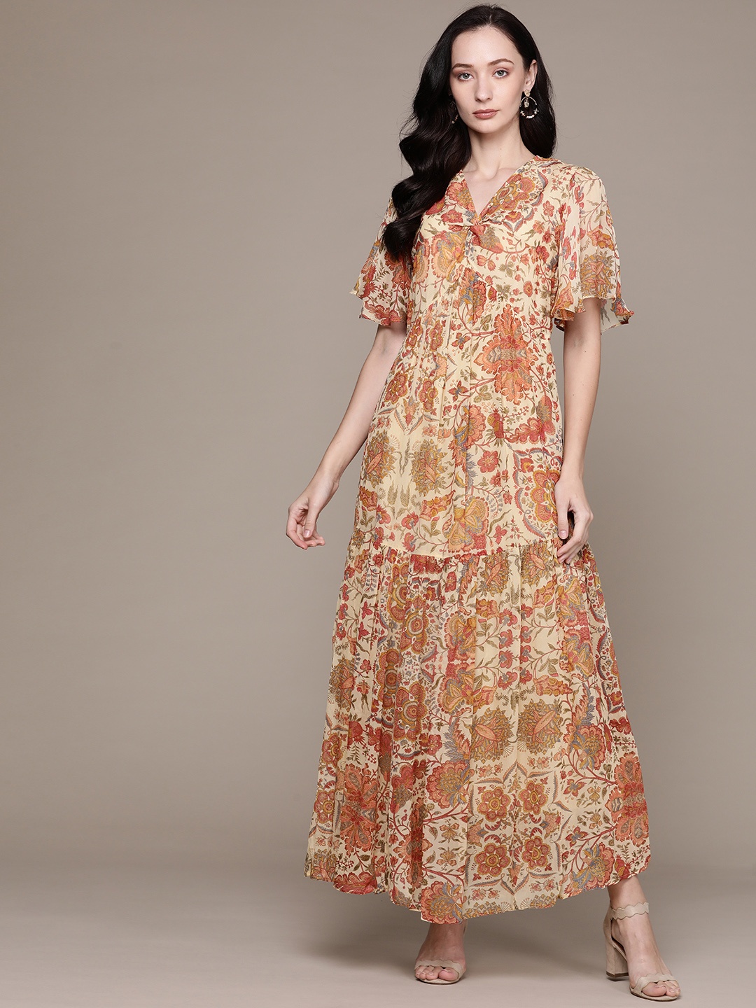 

Label Ritu Kumar Beige Floral Georgette A-Line Maxi Dress