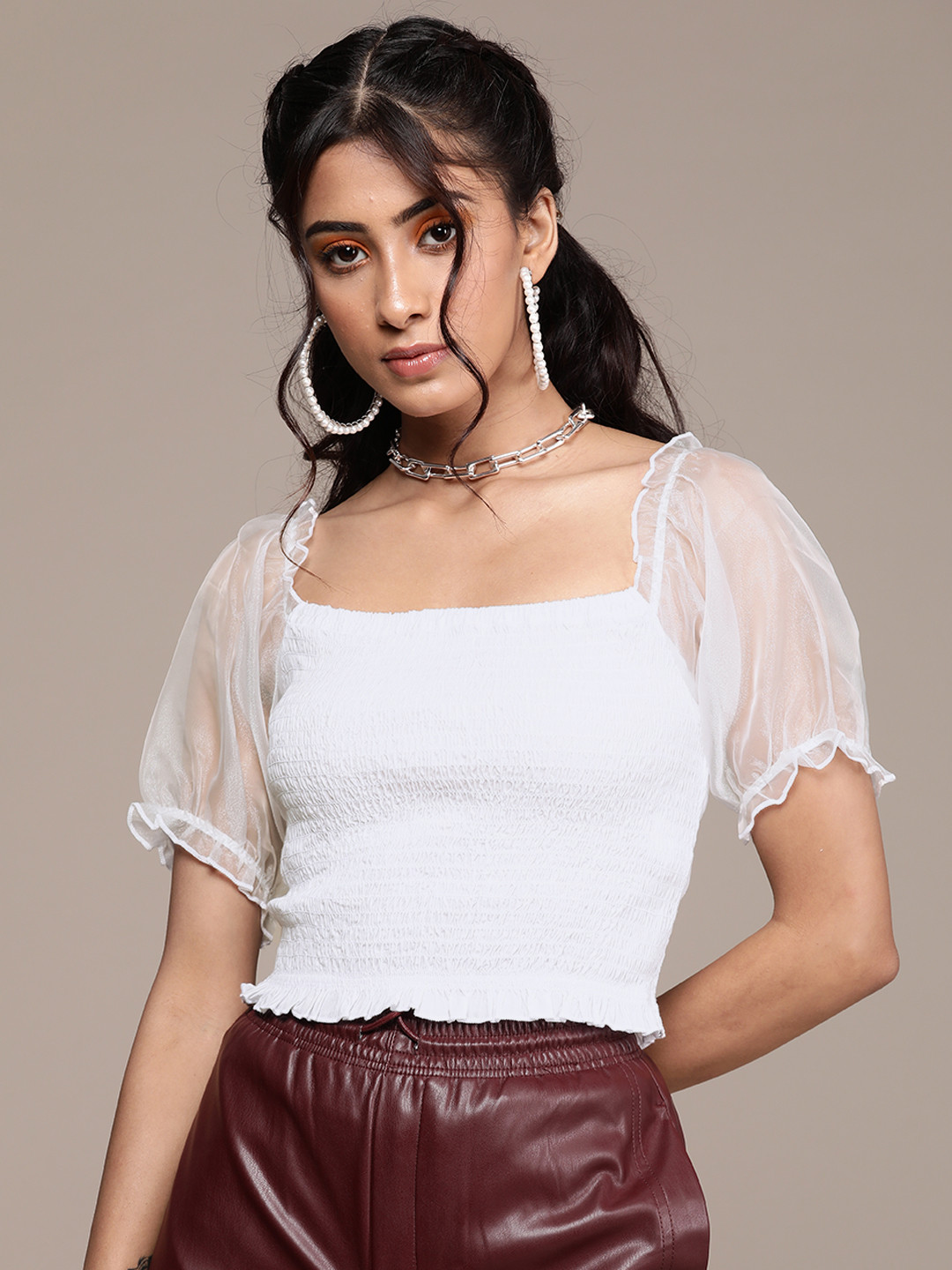 

Label Ritu Kumar White Fitted Smocked Crop Top