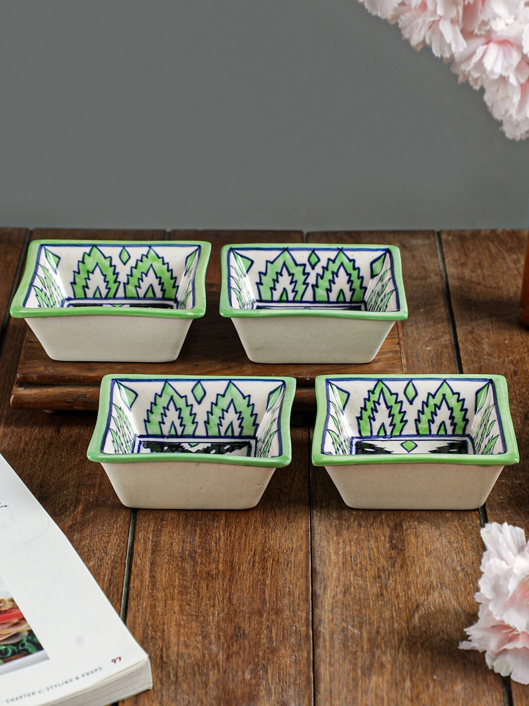 

VarEesha White & Green 4 Pieces Printed Ceramic Glossy Bowls