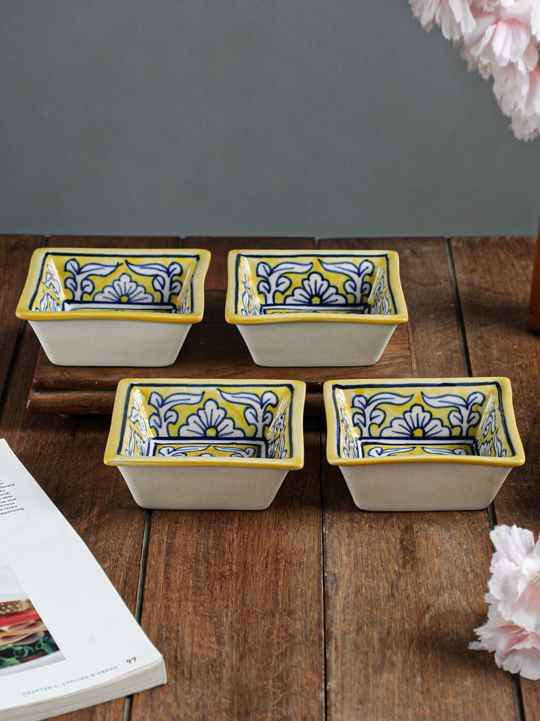 

VarEesha Yellow & White 4 Pieces Handcrafted and Hand Painted Printed Ceramic Glossy Bowls