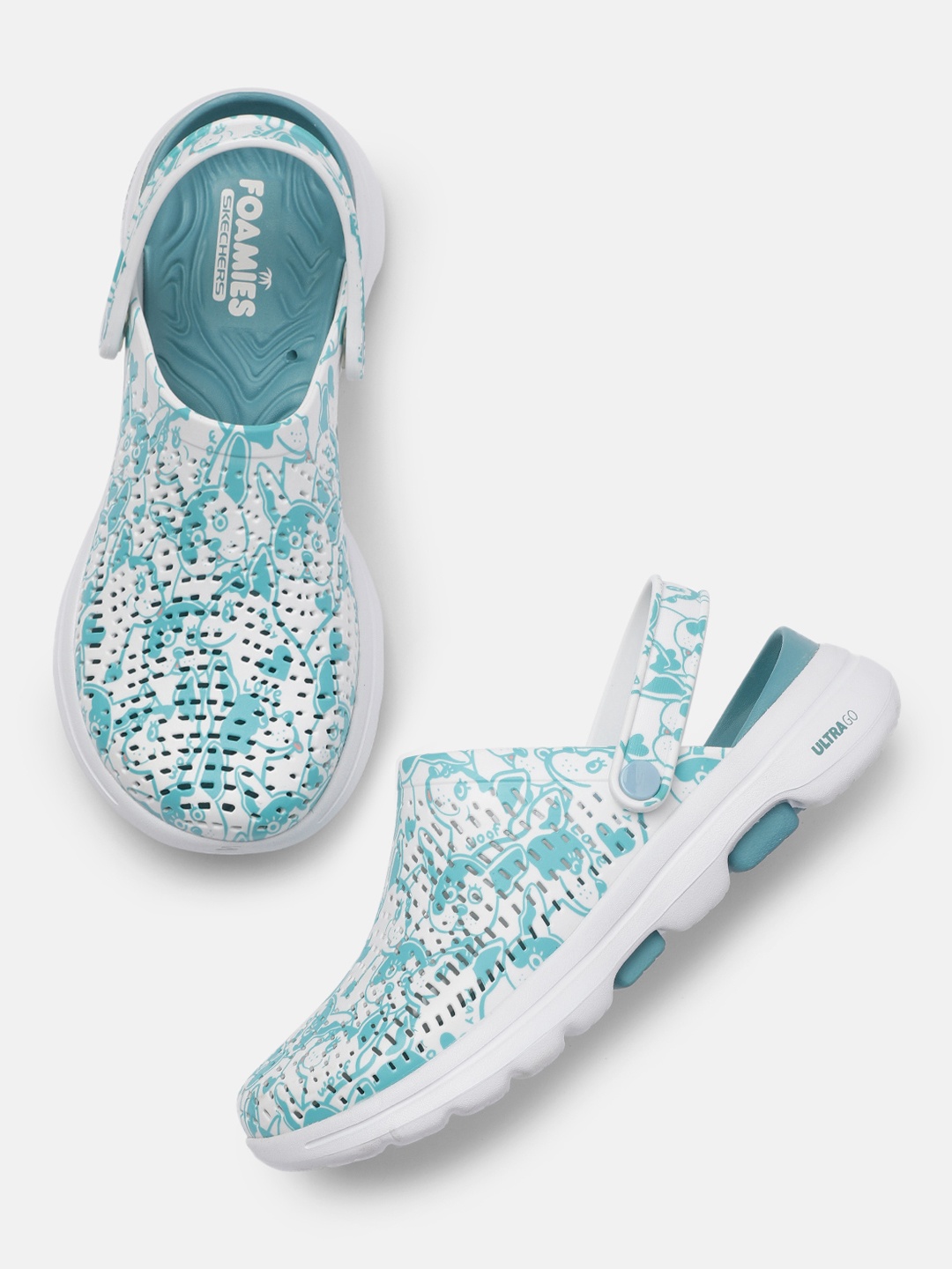 

Skechers Women Teal Printed Go Walk 5-Fur Real Rubber Clogs