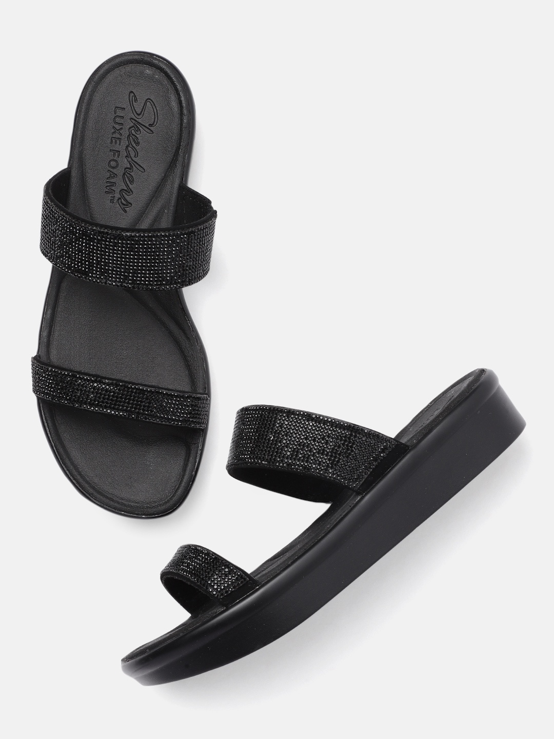 

Skechers Women Black Embellished Open Toe Flats
