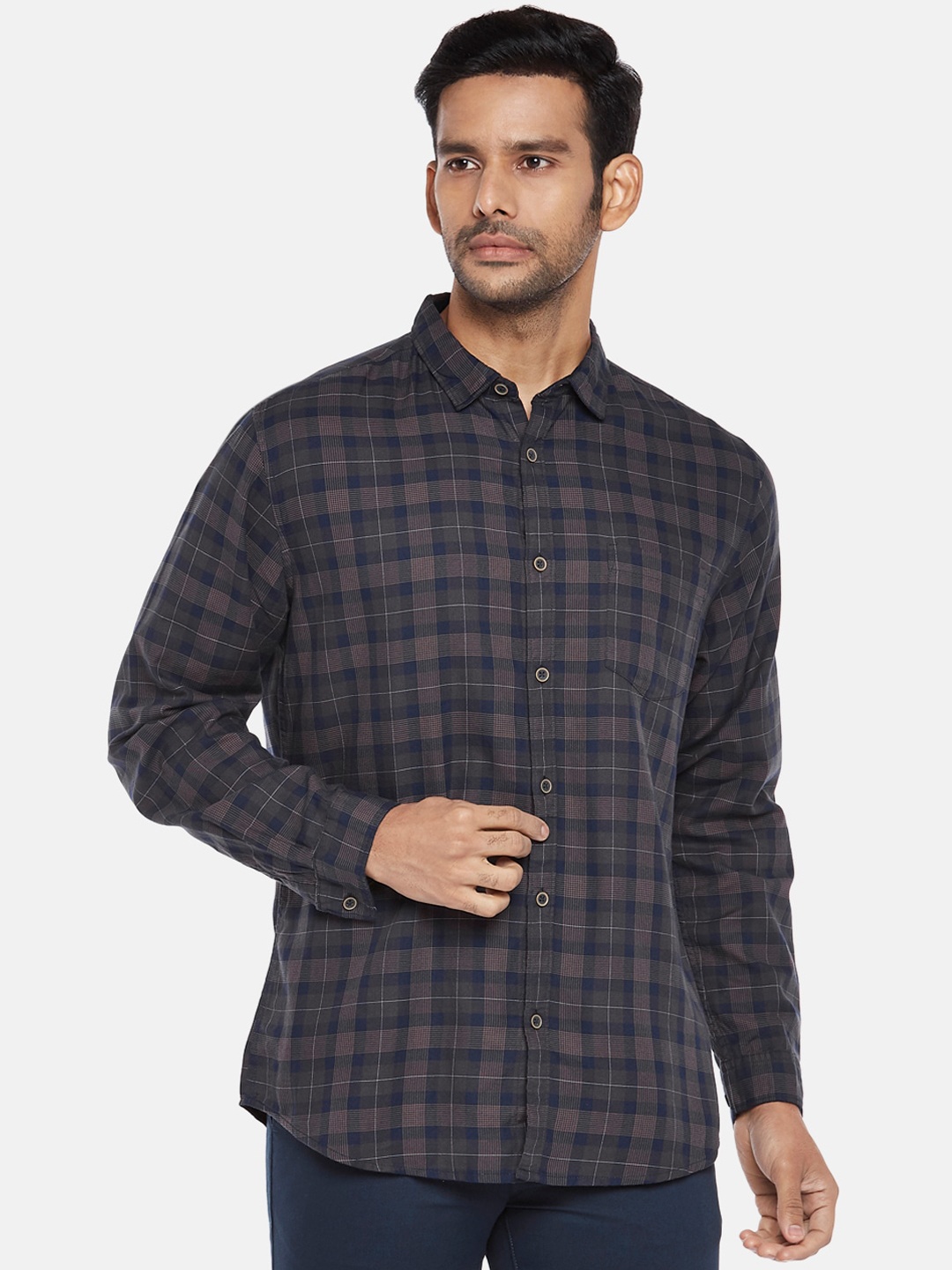 

BYFORD by Pantaloons Men Navy Blue Slim Fit Checked Cotton Casual Shirt