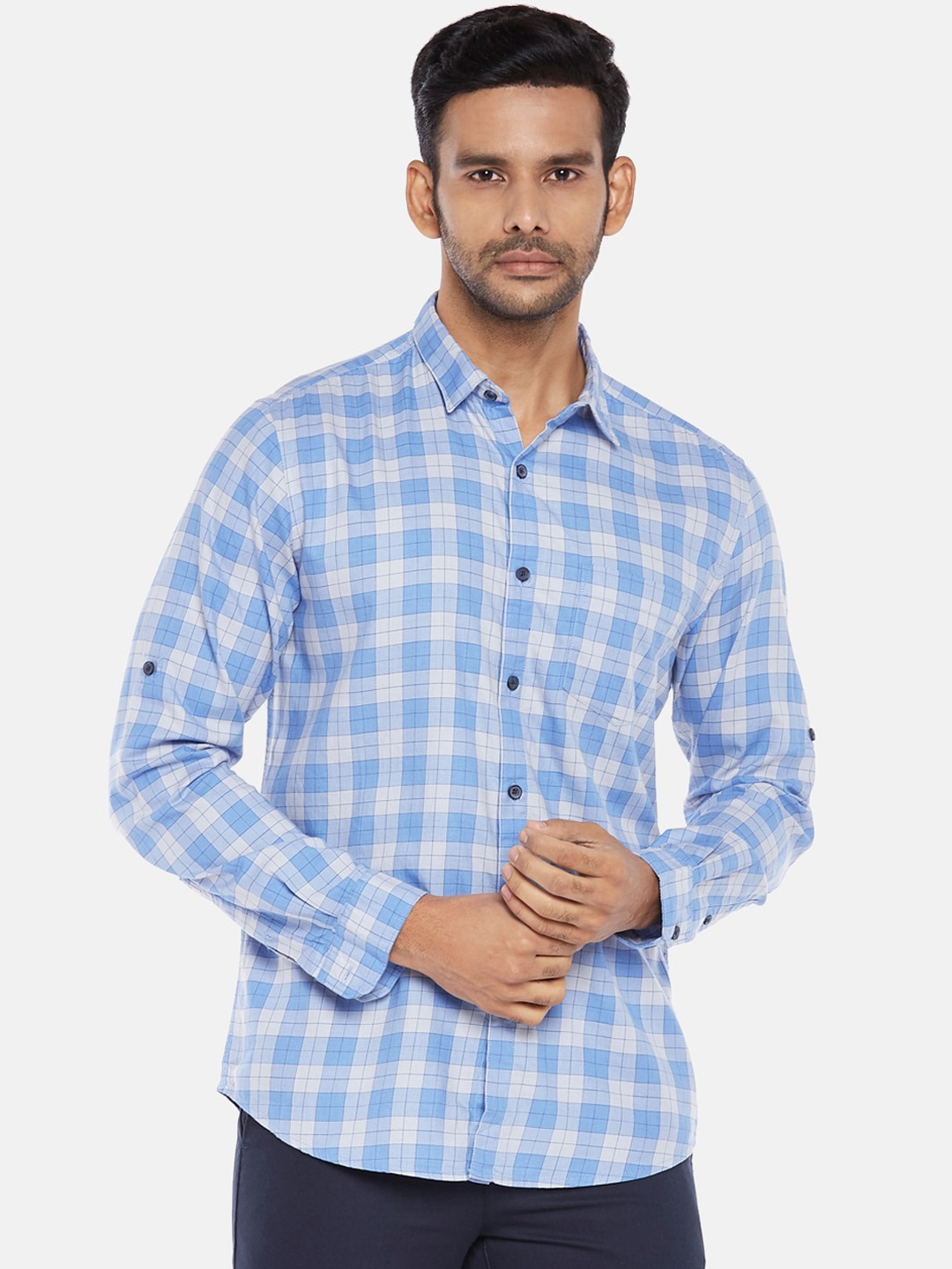 

BYFORD by Pantaloons Men Blue Slim Fit Opaque Checked Casual Shirt