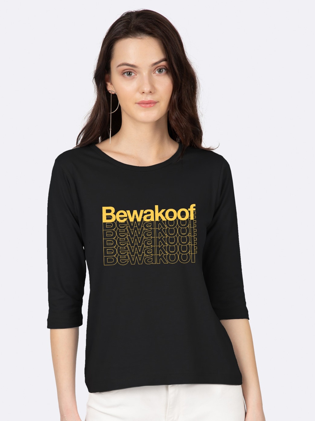 

Bewakoof Women Black & Yellow Brand Logo Printed Slim Fit T-shirt